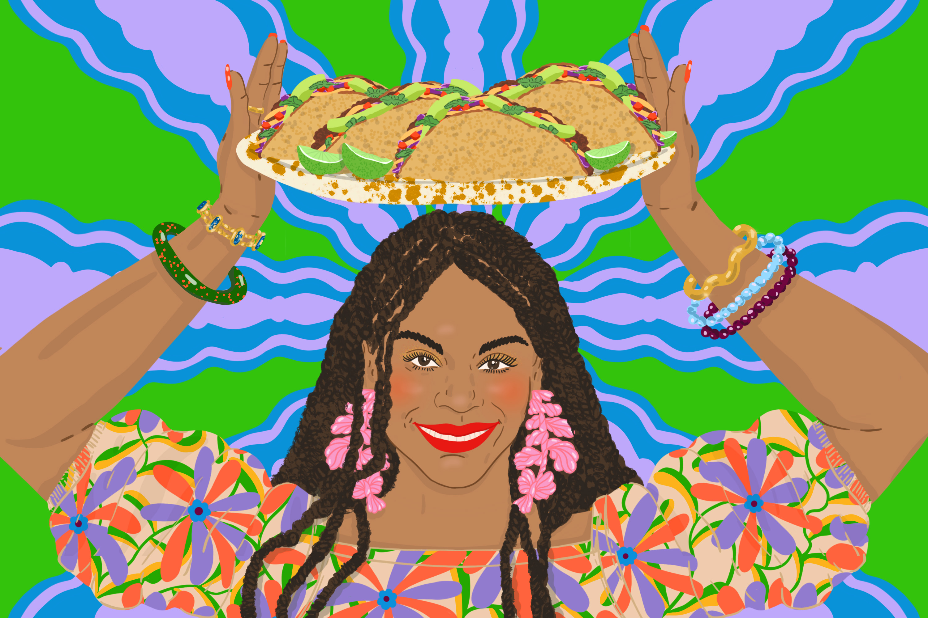 A smiling Tabitha Brown holds a platter of pecan tacos above her head. Illustration.
