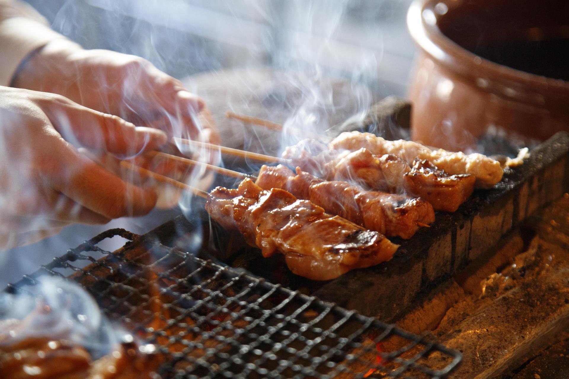 A close-up shot shows skewered hunks of juicy chicken meat steaming and smoking on a grill.